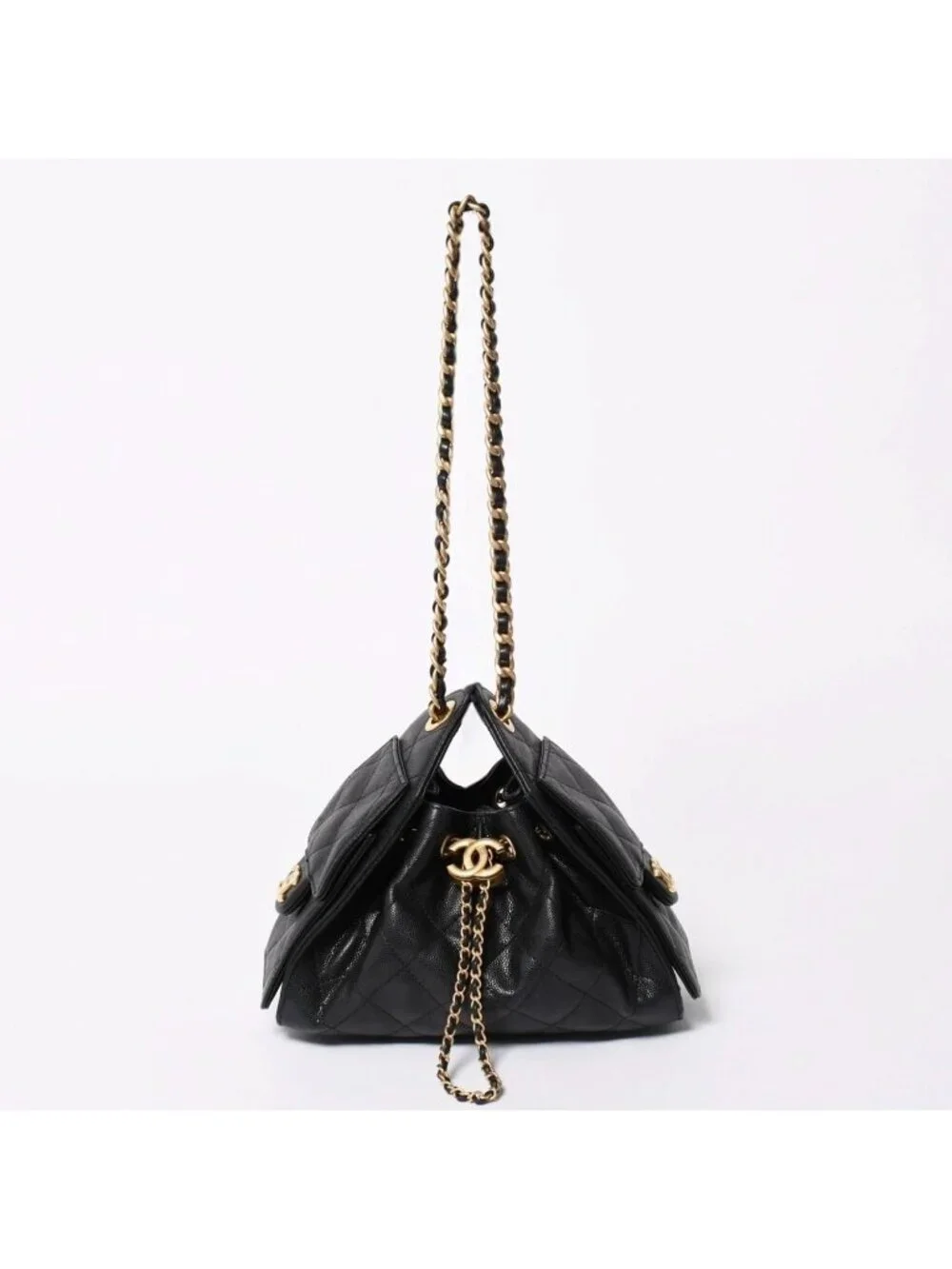Chanel 25 Medium Chain Bag CC Logo Caviar Leather Black
